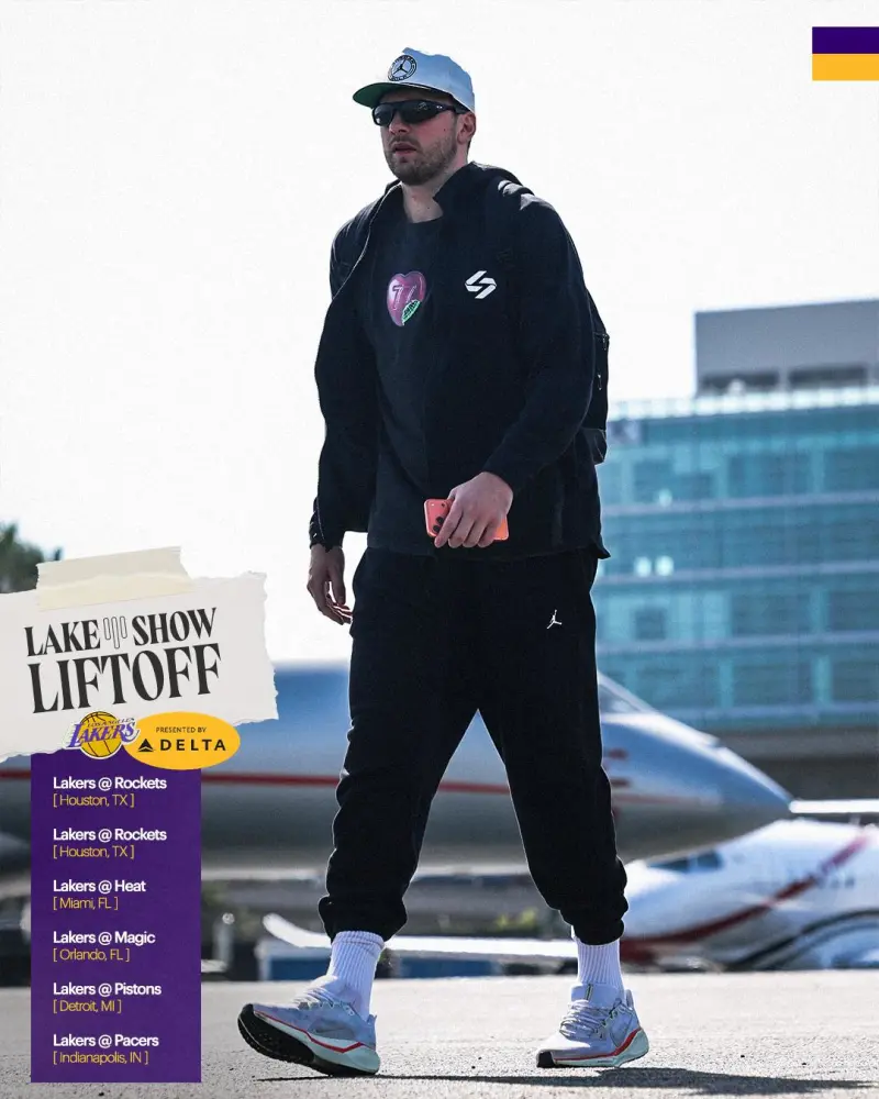 华体会赛事团队-湖人社媒分享球员奔赴休斯顿的登机照片组图，东契奇出镜